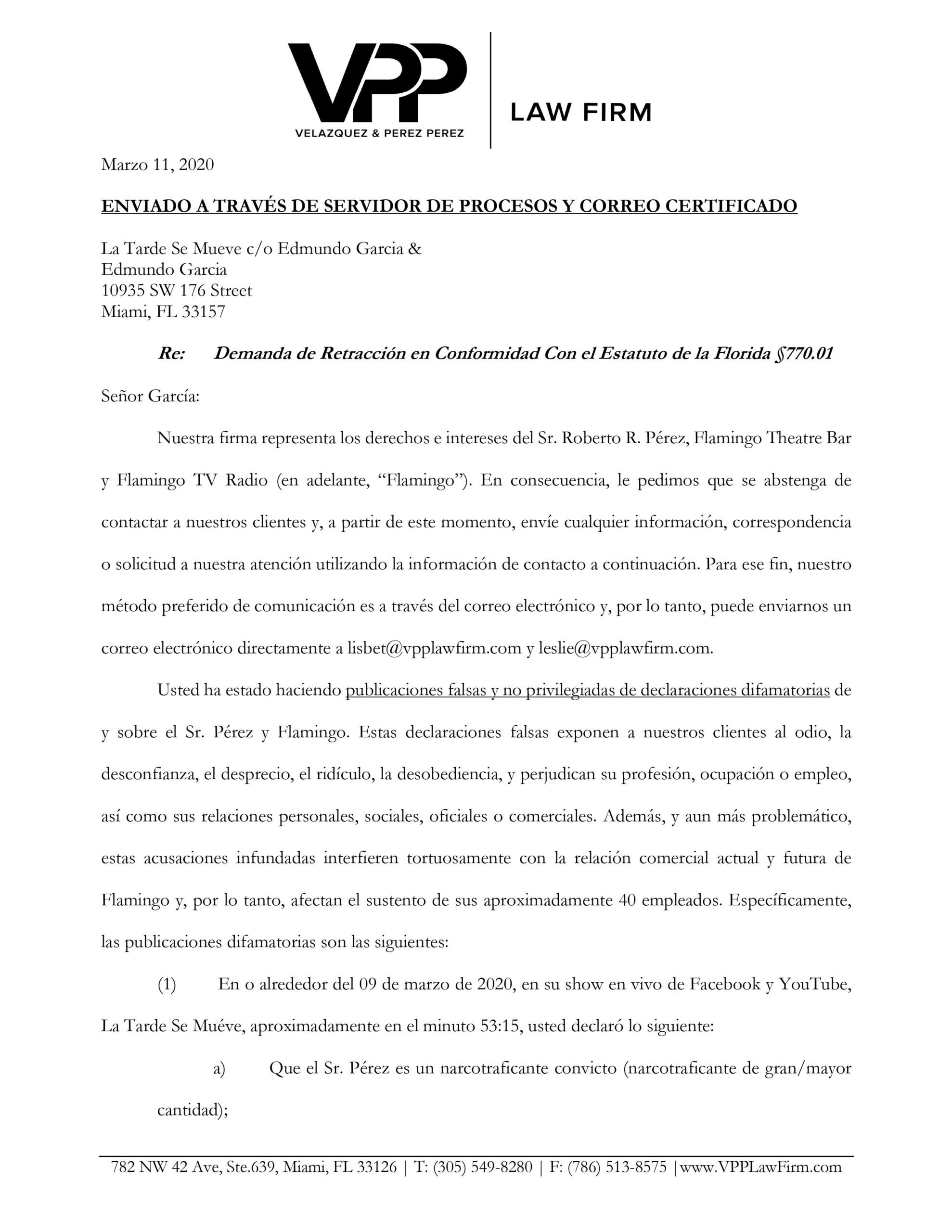 abogados del Flamingo Theatre Bar y TV Radio envian carta a Edmundo Garcia (1)