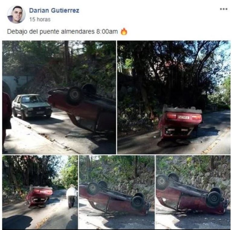 Accidente en el puente Almendares deja volcado a un auto Lada 