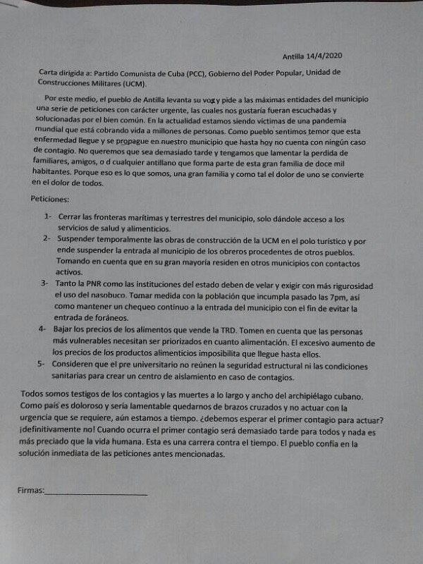 Carta entregada por el activista cubano Esber Rafael (ESBER RAFAEL/FACEBOOK).