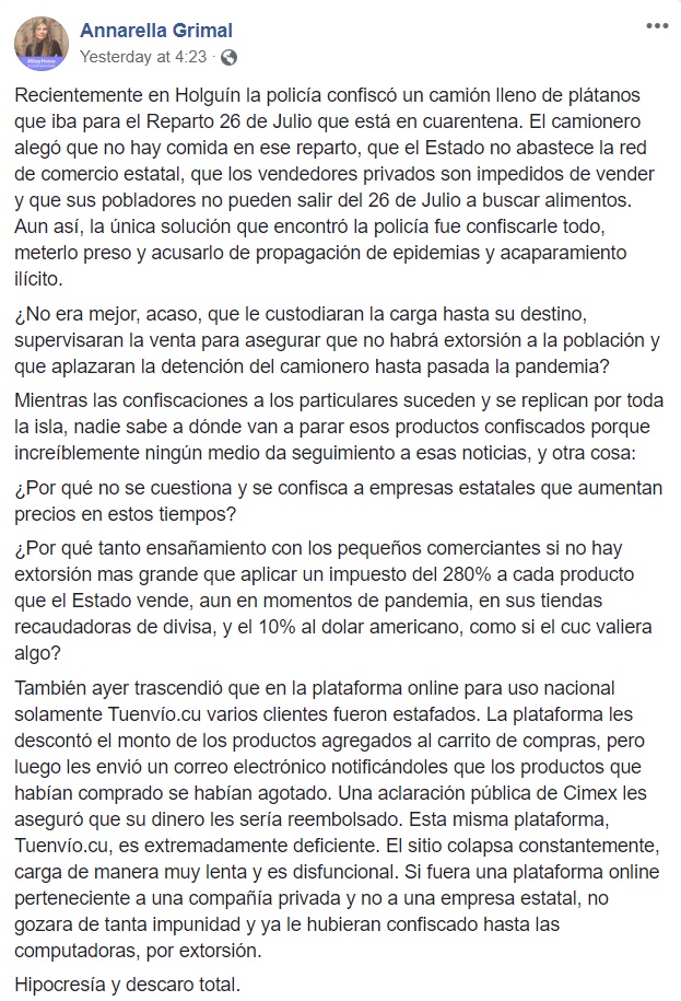 Publicación de Facebook denunciando los hechos