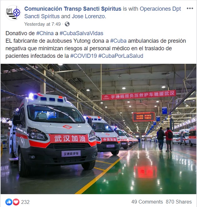 Publicación de Facebook- Ambulancias chinas
