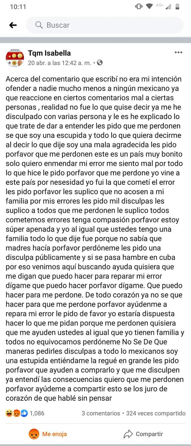 Cubana se disculpa en Facebook