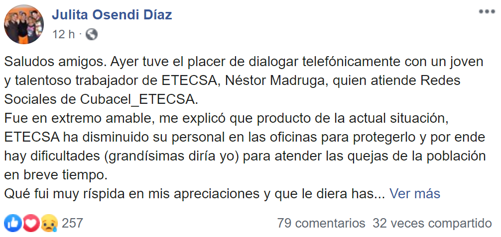 ETECSA responde a la queja de Julita Osendi