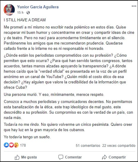 El actor cubano Yunior García cuestiona la falta de cobertura en el caso de Guanabacoa