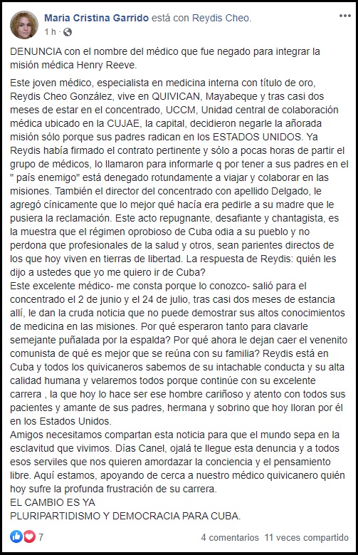 Revelan identidad del médico que no puede participar en misión por tener parientes en EEUU