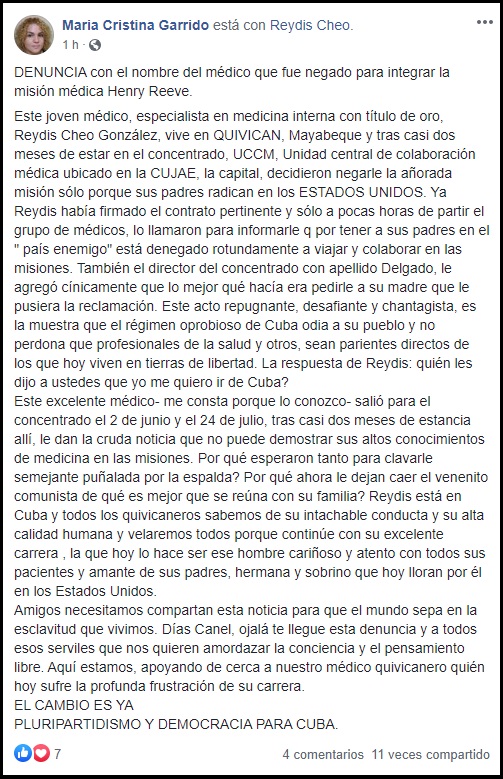 Revelan identidad del médico que no puede participar en misión por tener parientes en EEUU