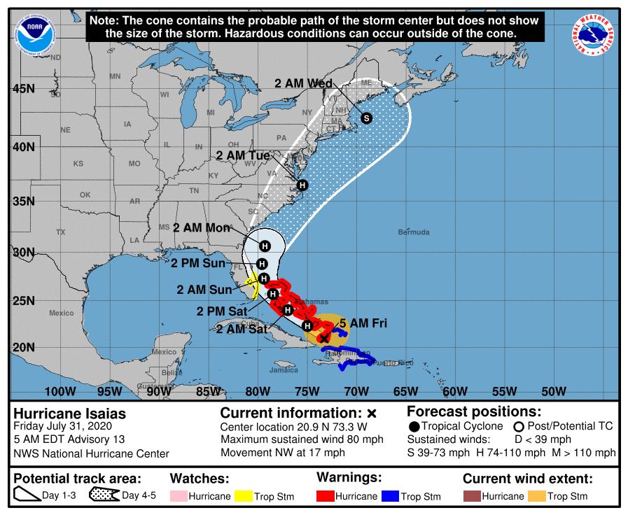 Isaías se convierte en Huracán en su avance hacia la costa este de la Florida