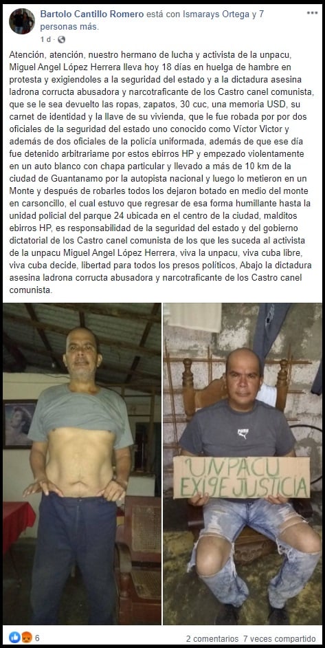 Opositor en huelga de hambre desde hace 20 días, reclama pertenencias robadas durante arresto