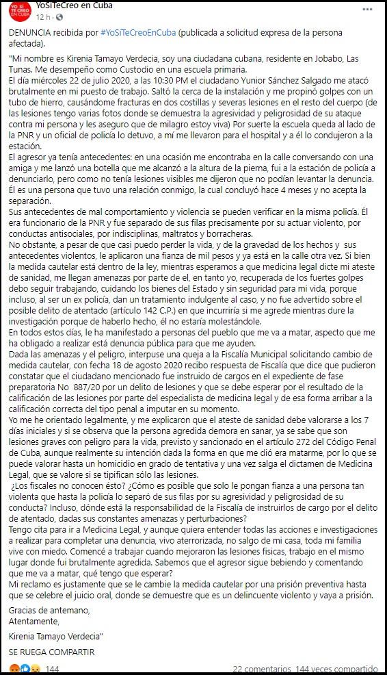 Mujer en Las Tunas denuncia que ex-funcionario de la PNR la atacó con un tubo