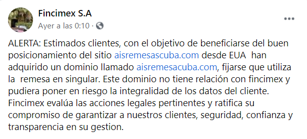 Fincimex denuncia suplantación del portal web de su socio AIS Remesas Cuba