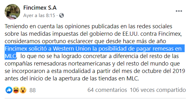 Fincimex culpa a Western Union por no entregar las remesas en dólares a los cubanos