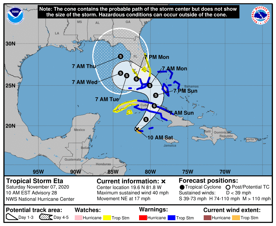 Aviso Especial Eta es tormenta tropical e inclina su trayectoria (+Cono)