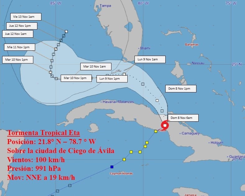 Tormenta tropical Eta próxima a salir al mar por el norte de Ciego de Ávila