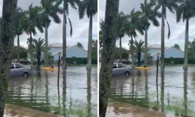 Vecino hace kayak en las calles inundadas de Pembroke Pines