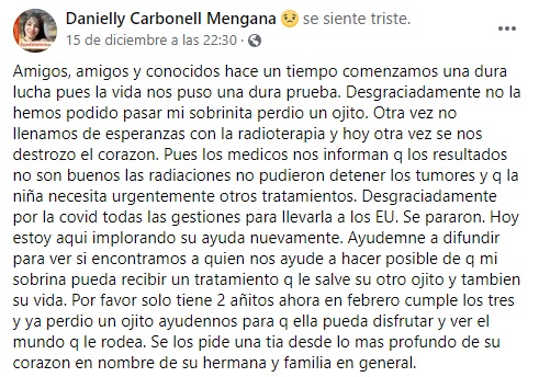 Niña de 2 años perdió un ojo por falta de tratamientos médicos en Cuba