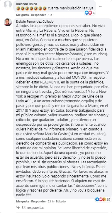 El actor cubano Erdwin Fernández responde a las críticas de Mariela Castro