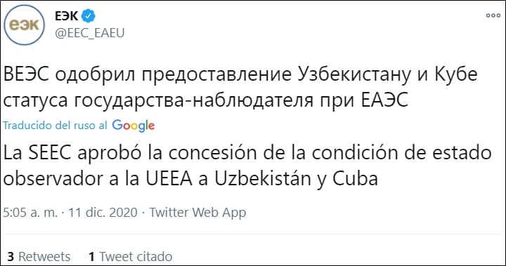 Cuba es incorporada como observador en la Unión Económica Euroasiática