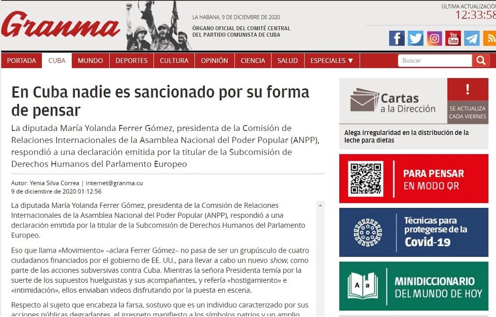 Portada del diario Granma este 9 de diciembre. (Foto © Granma - Web)