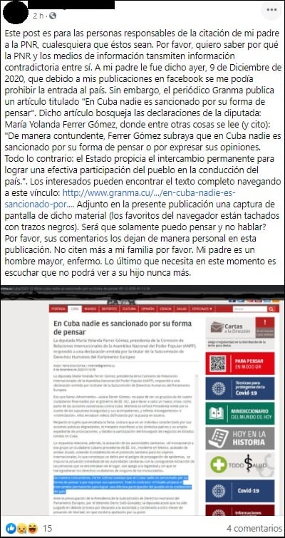 “Esta gente no tienen corazón”: PNR cita a anciano cubano por las publicaciones de su hijo