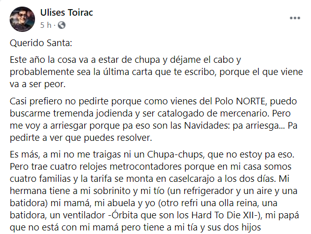 Ulises Toirac le pide ayuda a Santa Claus para afrontar la tarifa de la electricidad