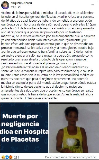 Denuncian negligencia médica que le costó la vida a una mujer en Placetas