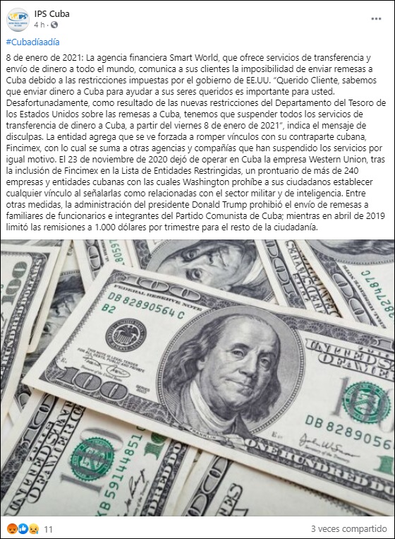 La agencia financiera Smart World deja de enviar remesas a Cuba