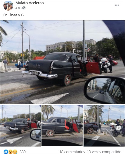 Almendrón queda destrozado tras impactar contra poste en La Habana