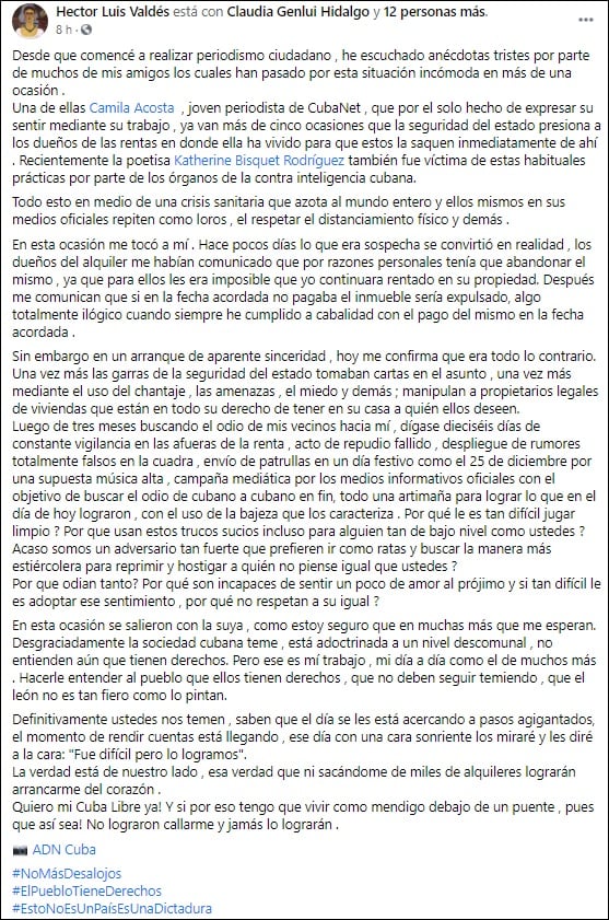 Desalojan al periodista independiente Héctor Luis Valdés Cocho por razones políticas