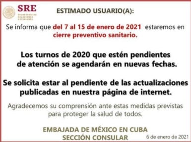 Embajada de México en La Habana anuncia interrupción en sus servicios