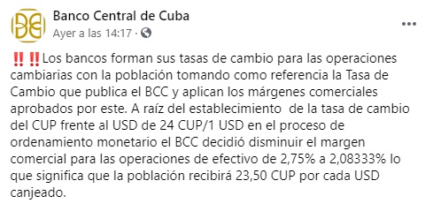 Banco Central de Cuba dice que el dólar no costará 24 pesos cubanos