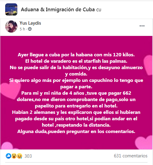 Publicación de la usuaria de Facebook sobre su estancia en el centro de aislamiento del Hotel Starfish Las Palmas