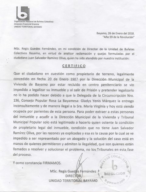 Respuesta de la Dirección Provincial de Bufetes Colectivos en Granma
