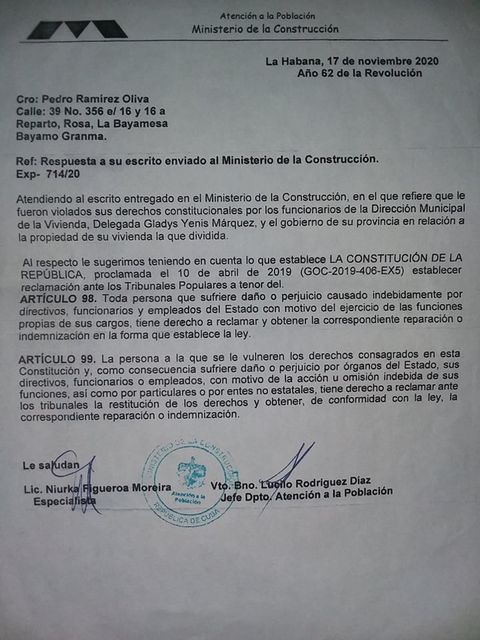 Respuesta del Ministerio de la Construcción