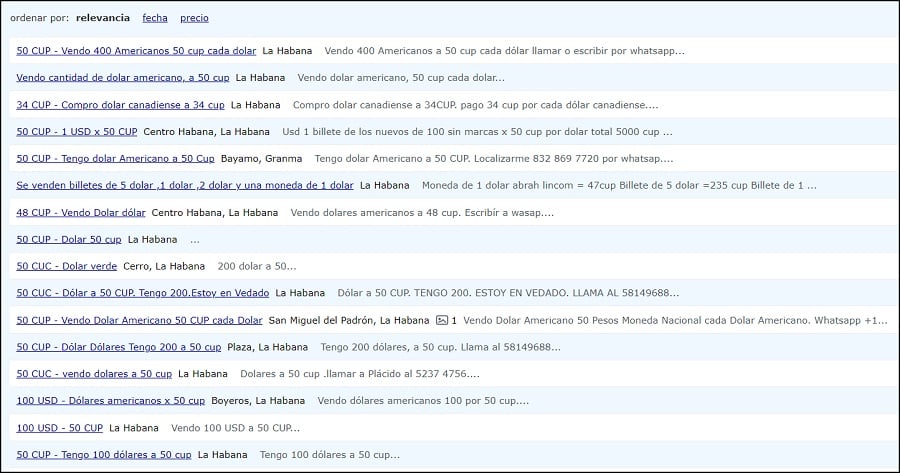 El dólar llega a venderse hasta en 50 CUP en Revolico. (Captura de pantalla: Revolico)