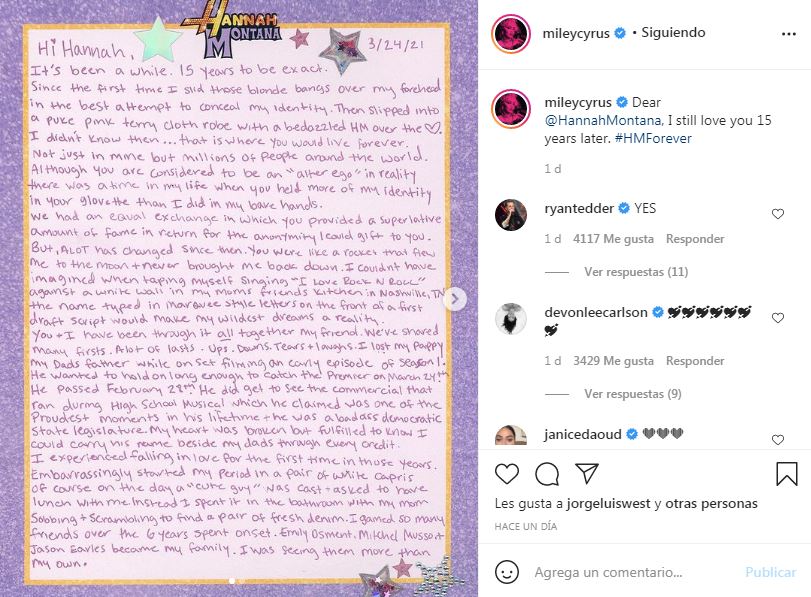 Publicación en Instagram de Miley Cyrus por el aniversario 15 de Hannan Montana