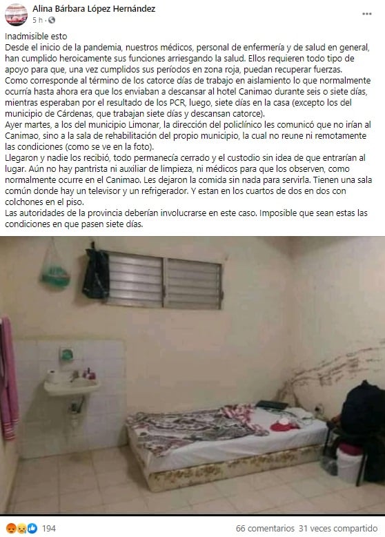 Denuncian que médicos en Matanzas deben pasar su aislamiento durmiendo en el piso