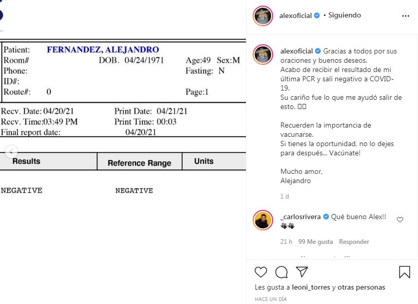 Publicación en Instagram de Alejandro Fernández con su test negativo al Covid-19