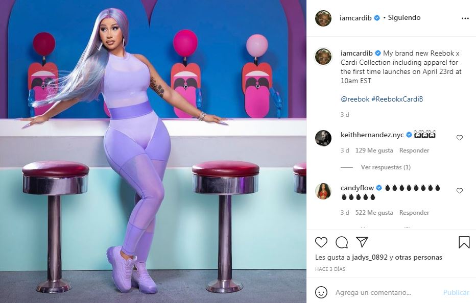 Publicación en Instagram de Cardi B promocionando su nueva colección deportiva con Reebok