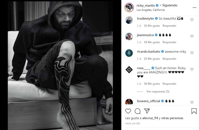 Publicación en Instagram de Ricky Martin luciendo su nuevo tatuaje