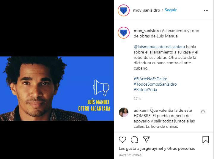 Publicación en Instagram del Movimiento San Isidro con las declaraciones de Luis Manuel Otero Alcántara