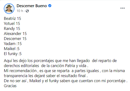 Descemer Bueno critica el reparto de las ganancias generadas por Patria y Vida