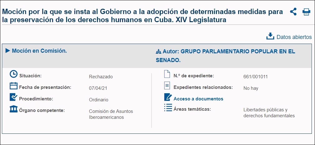 Senado de España rechaza noción a favor de los derechos humanos en Cuba