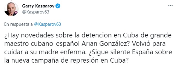 Kasparov en contra de la detención arbitraria del GM Arián González