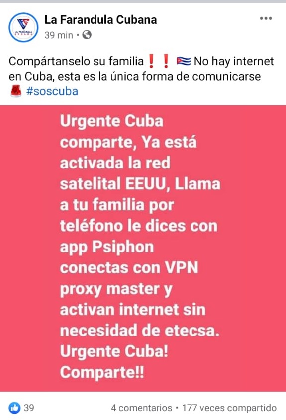 Estado sobre VPN en Cuba. (Facebook).