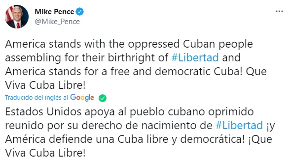 Mike Pence emite un mensaje sobre las protestas en el territorio cubano