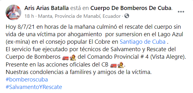 Muere un cubano en lago de Santiago de Cuba