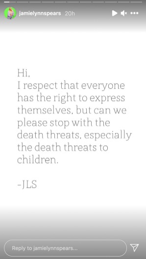 Publicación de Jamie Lynn Spears sobre amenazas. (Instagram).