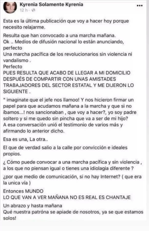 Publicación sobre chantaje al sector estatal. (Facebook).