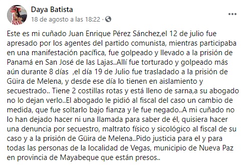 Detenido por el 11J tiene dos costillas rotas y está lleno de sarna en una prisión de Artemisa