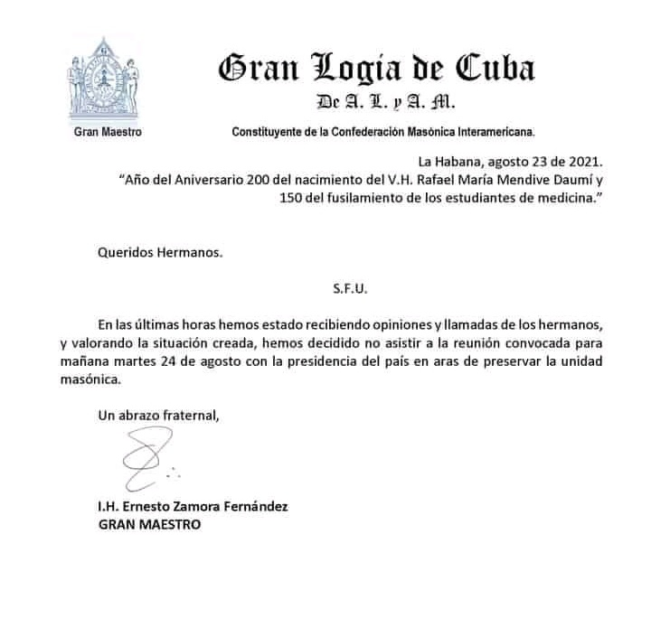 Noticias de Cuba más leídas: Carta Gran Logia de Cuba